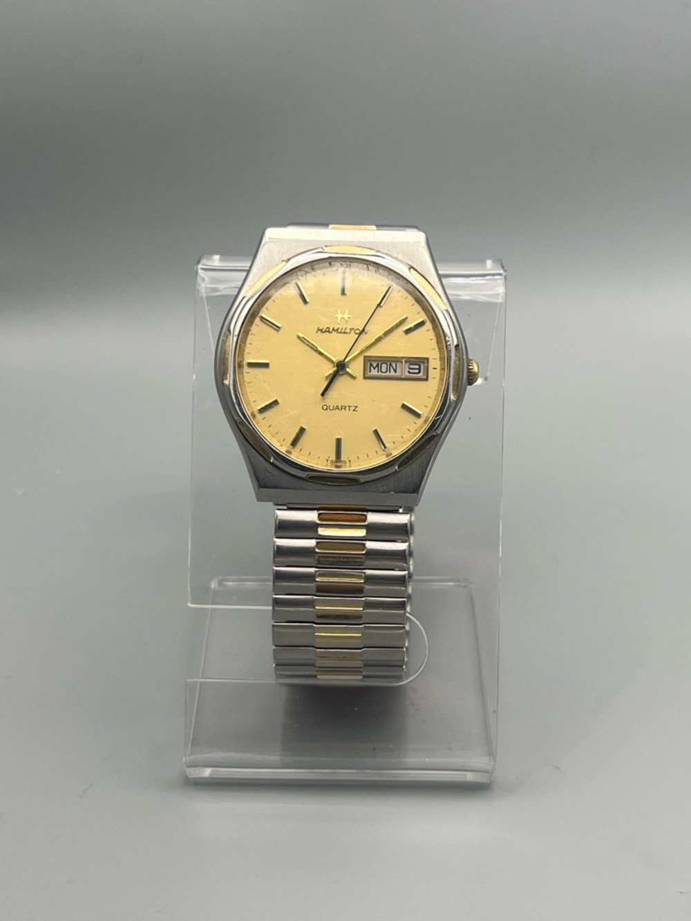 Hamilton Quartz Day-Date Gold Dial Two-Tone Bracelet Vintage Dress Watch